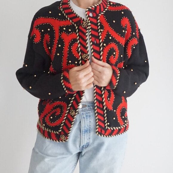 Sweaters - Vintage Gantos Black Knit Red Beaded Swirl Button Up Sweater M